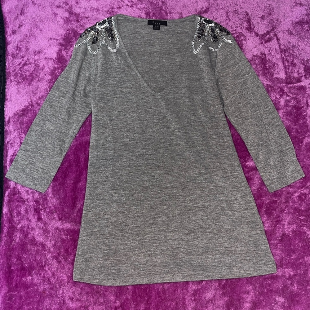 Forever 21 XXI V Neck Sweater with Sparkles and Chain Embellishment